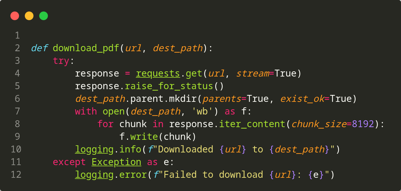 Extrait de code Python pour le téléchargement automatisé de fichiers techniques